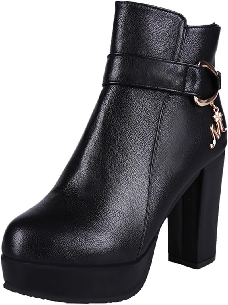 woobles Winter Boot for Women,Women Round Toe Platform Booties Ladies Cute Chunky High Heel Snow Ankle Boot Wedge Zipper Slip On Boot Causal Walking Dress Shoe, Black, 6-6.5 - Image 1